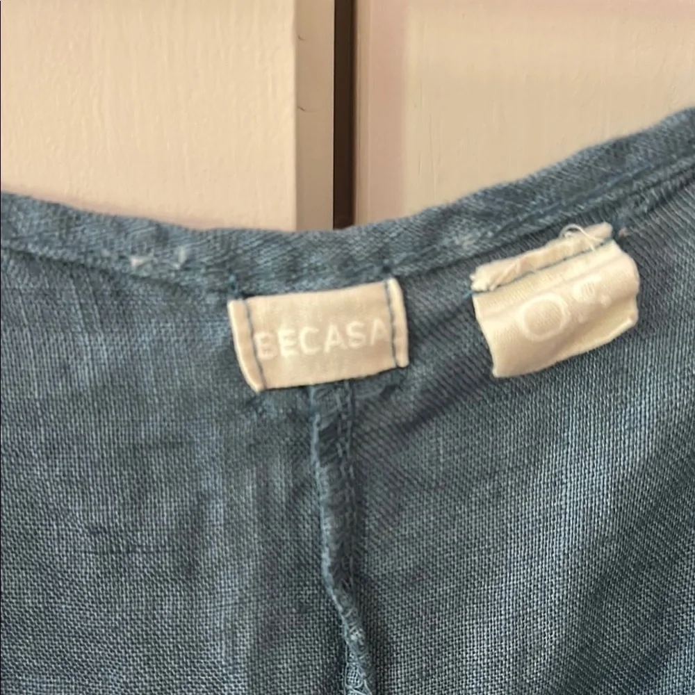 Becasa Blue Linen V-Neck Dress - Picture 2 of 4